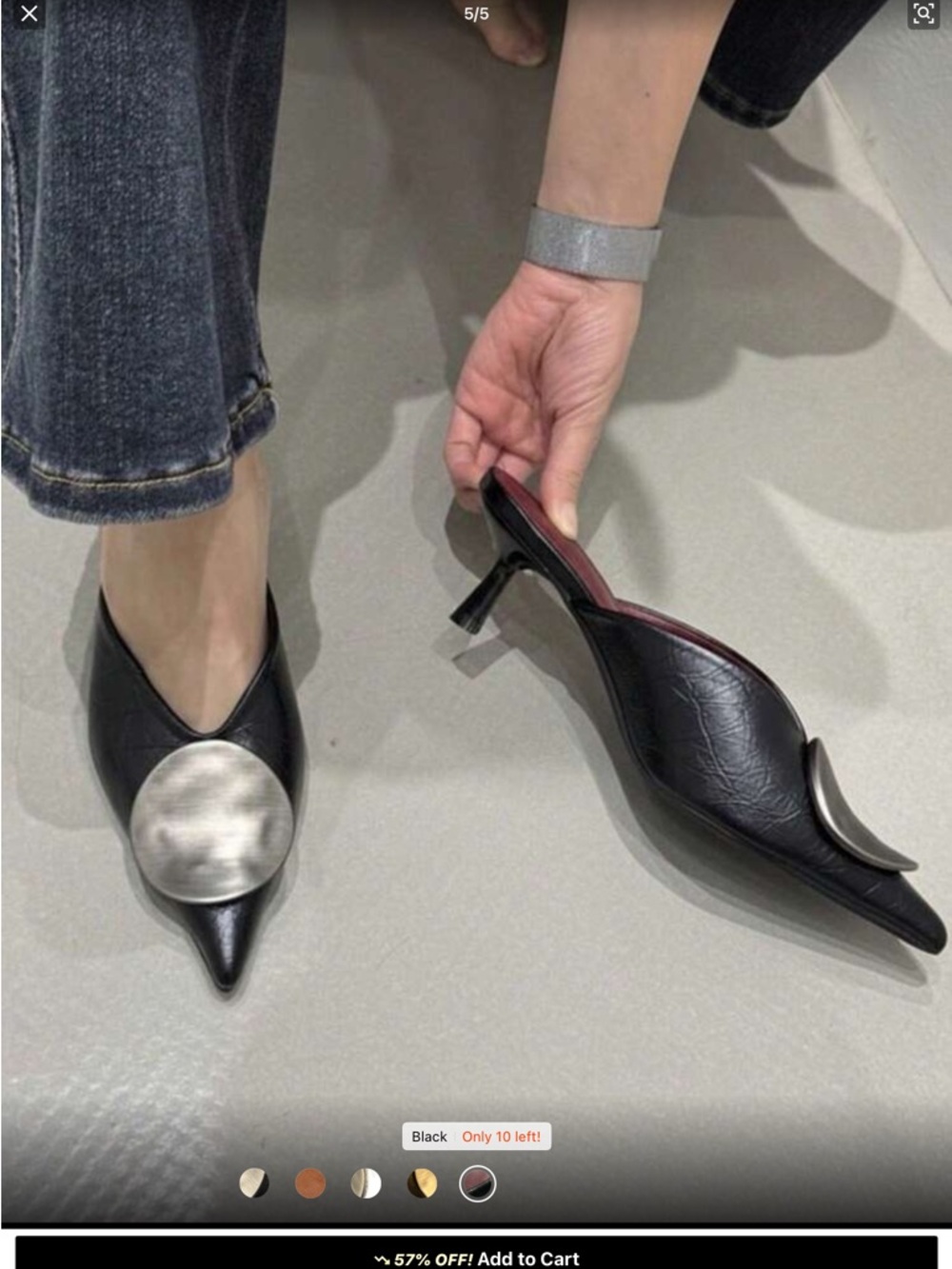 Charles & Keith Black Pointed Mule with Brushed Silver Disc - Picture 2 of 2